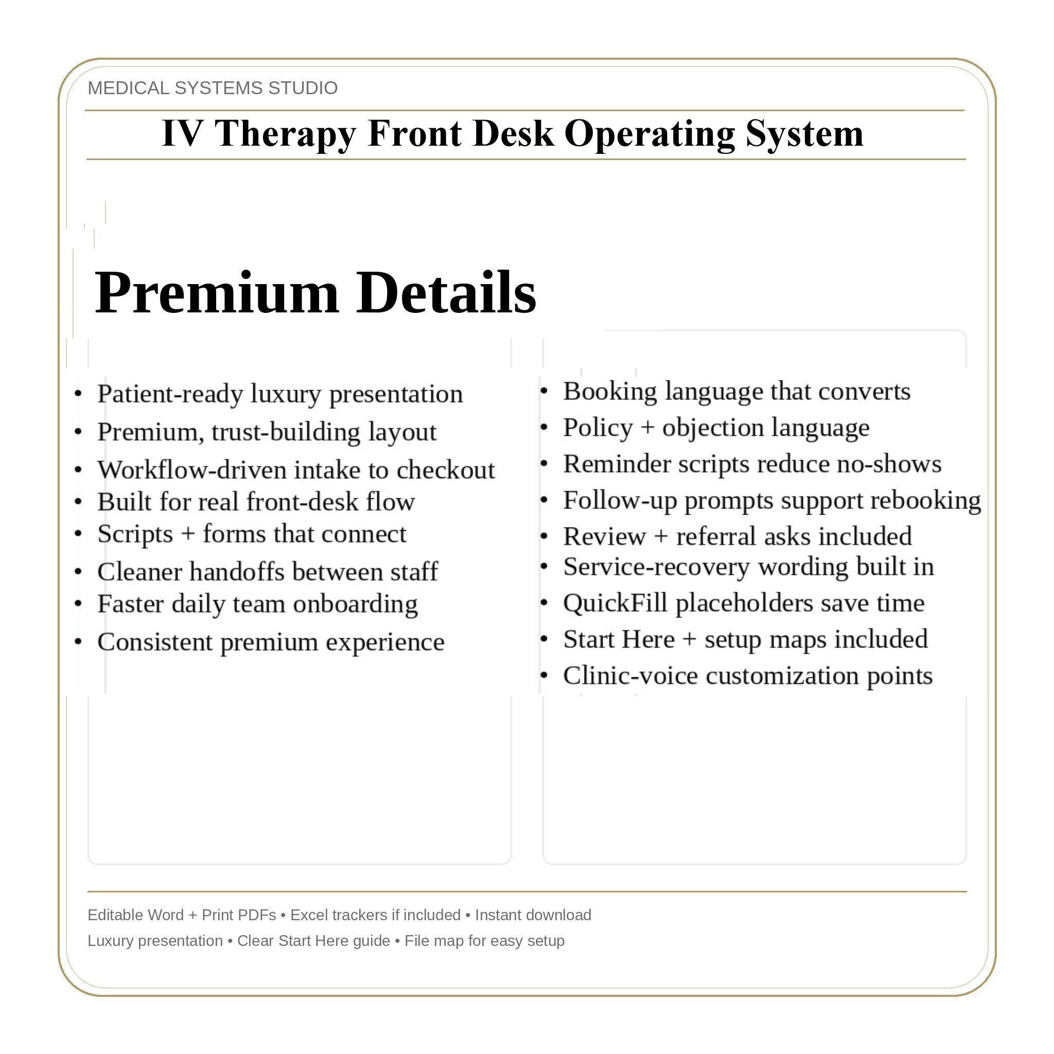 IV Therapy Front Desk Operating System | Clinic SOP Playbook, Intake, Scripts (Word/PDF/Tracker)