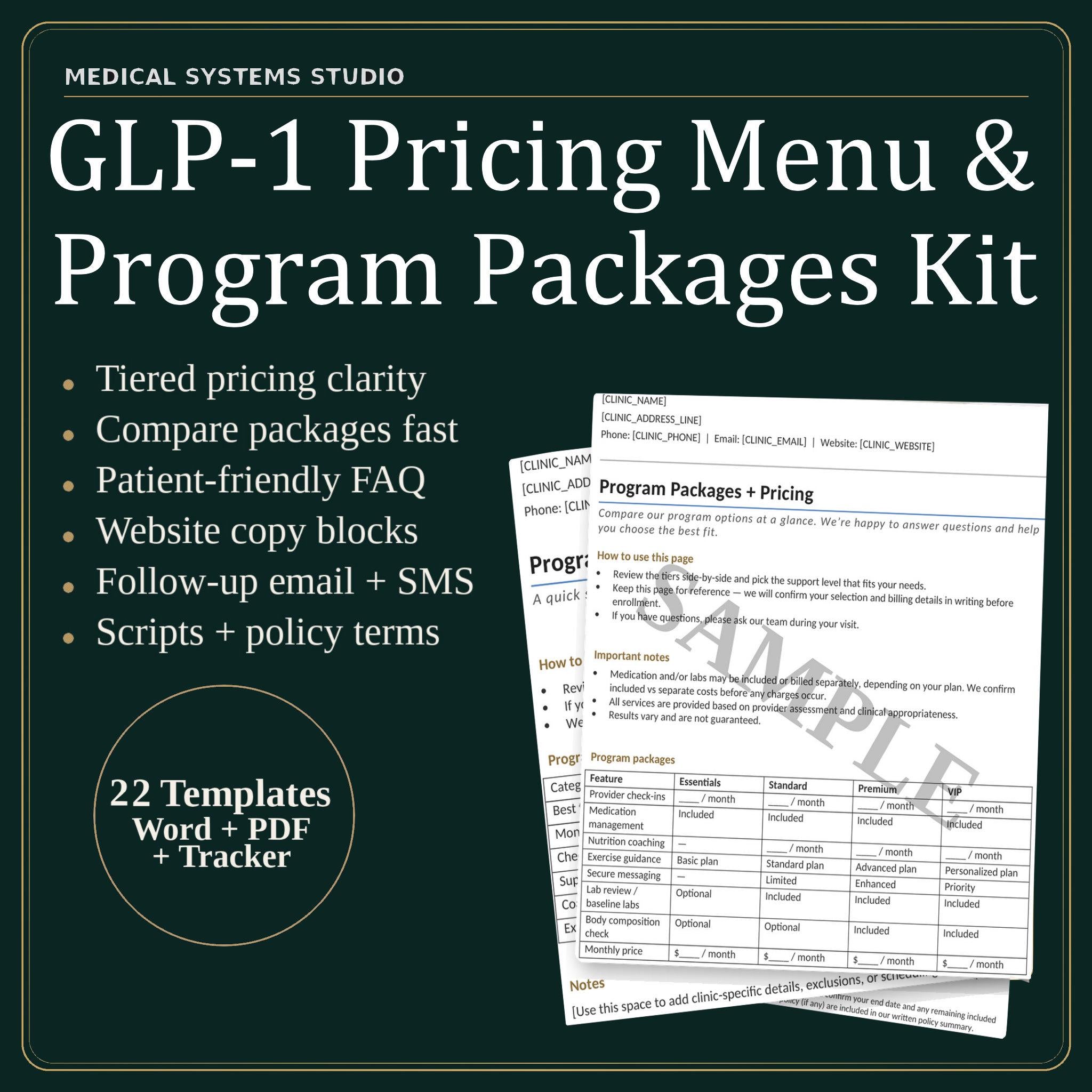 GLP-1 Pricing Menu & Program Packages Kit | Semaglutide/Tirzepatide Program Pricing Guide | Tier Builder, Cost Scripts, Estimator Tracker