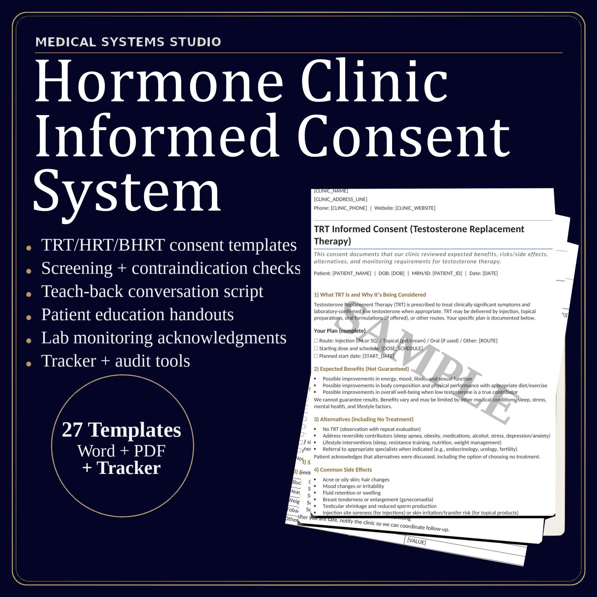 Hormone Clinic Informed Consent System | TRT, HRT, BHRT Forms. Word/PDF/Tracker (Digital Download)