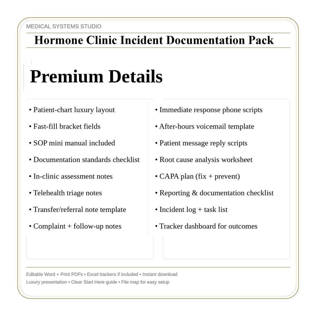 Hormone Clinic Incident Documentation Pack | TRT/HRT/BHRT Forms + Scripts (Digital Download)