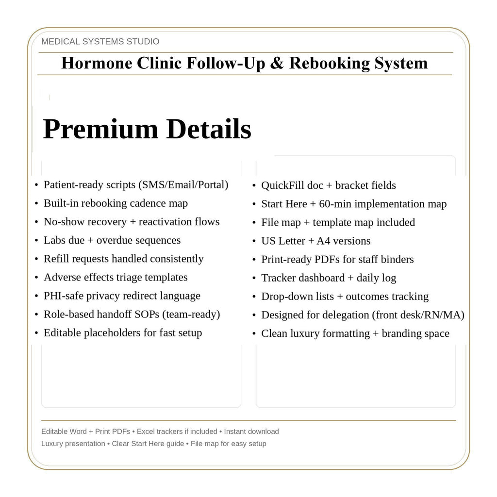 Hormone Clinic Follow-Up & Rebooking System | TRT HRT BHRT | Scripts, Labs, Refill, Tracker (Digital Download)