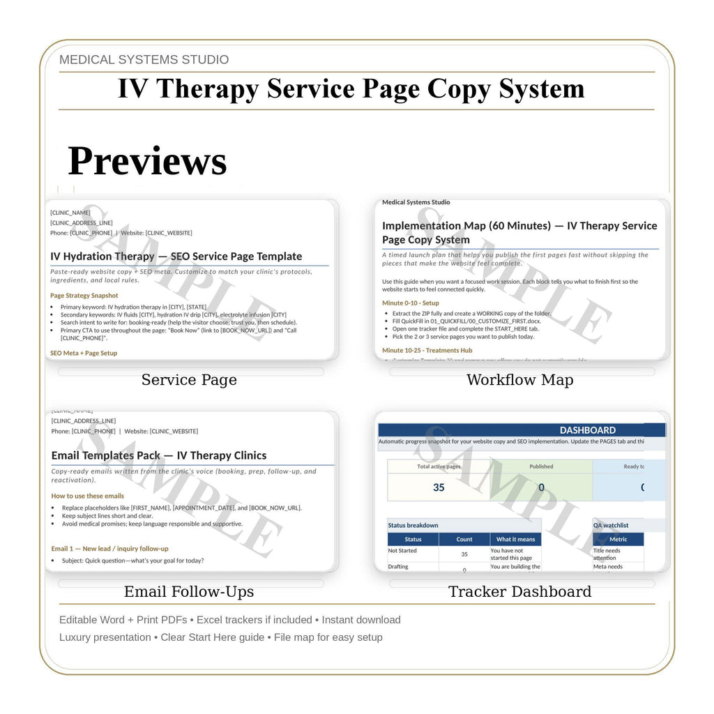 IV Therapy Service Page Copy System | 13 SEO Templates, Word/PDF/Tracker (Digital Download)