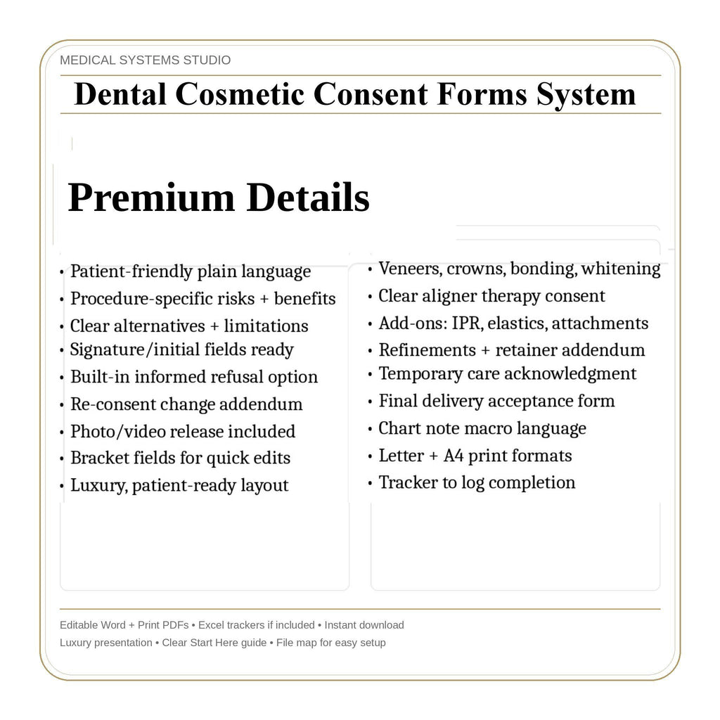 Dental Cosmetic Consent Forms System | Veneers, Crowns, Bonding, Whitening, Aligner | Word/PDF/Tracker (Download)
