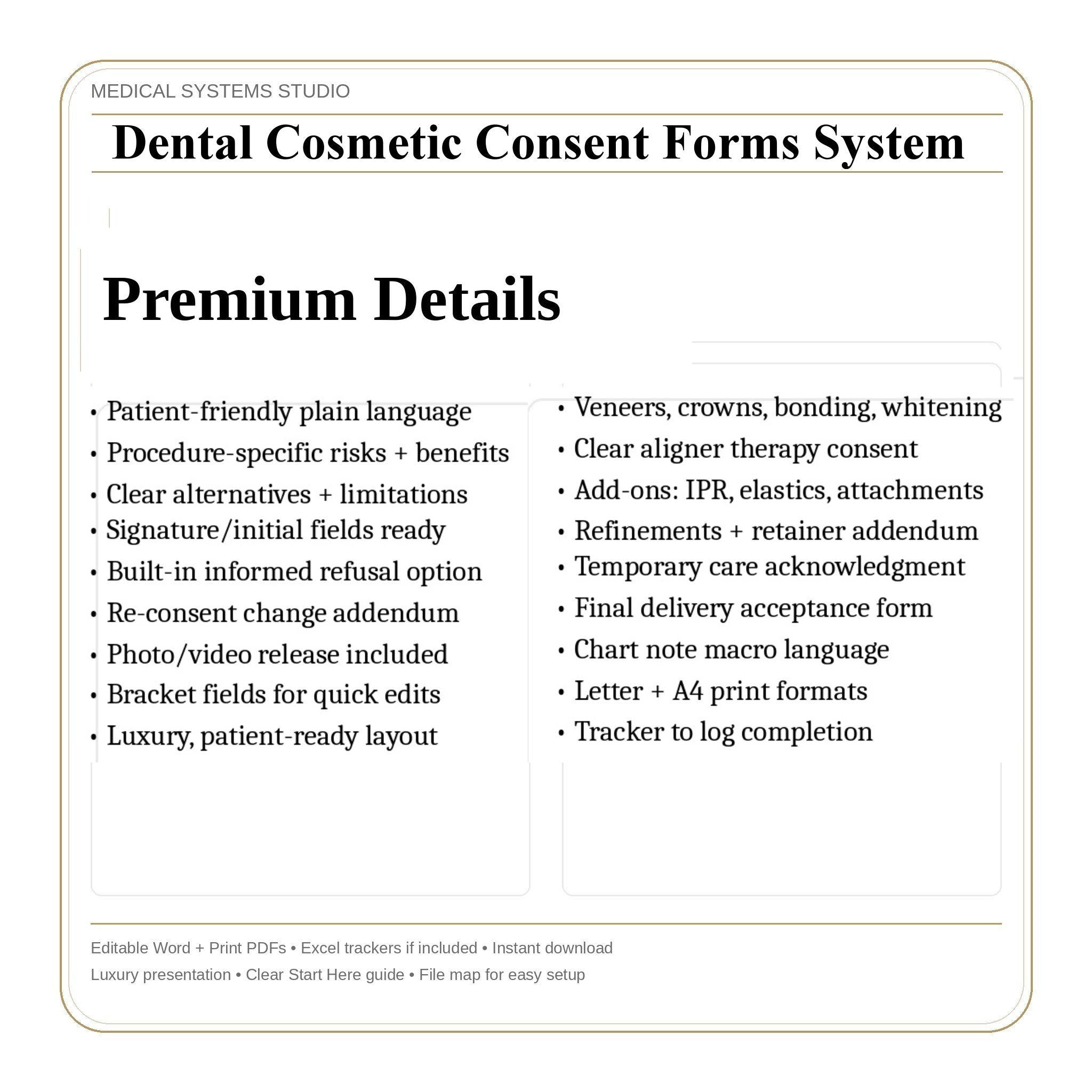 Dental Cosmetic Consent Forms System | Veneers, Crowns, Bonding, Whitening, Aligner | Word/PDF/Tracker (Download)