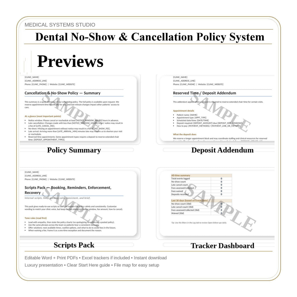 Dental No-Show Policy System | Clinic Forms, Front Desk Scripts (PDF, DOCX, XLSX)