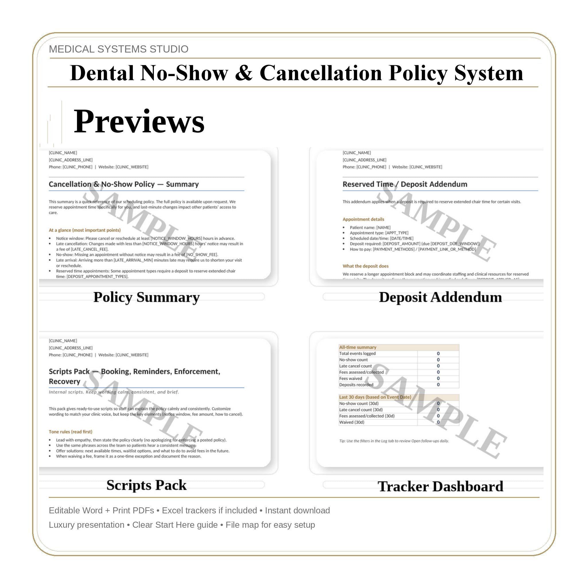 Dental No-Show Policy System | Clinic Forms, Front Desk Scripts (PDF, DOCX, XLSX)