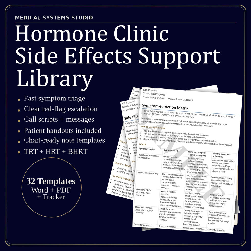 Hormone Clinic Side Effects Support Library | TRT HRT BHRT Workflow Guides (Digital Download)