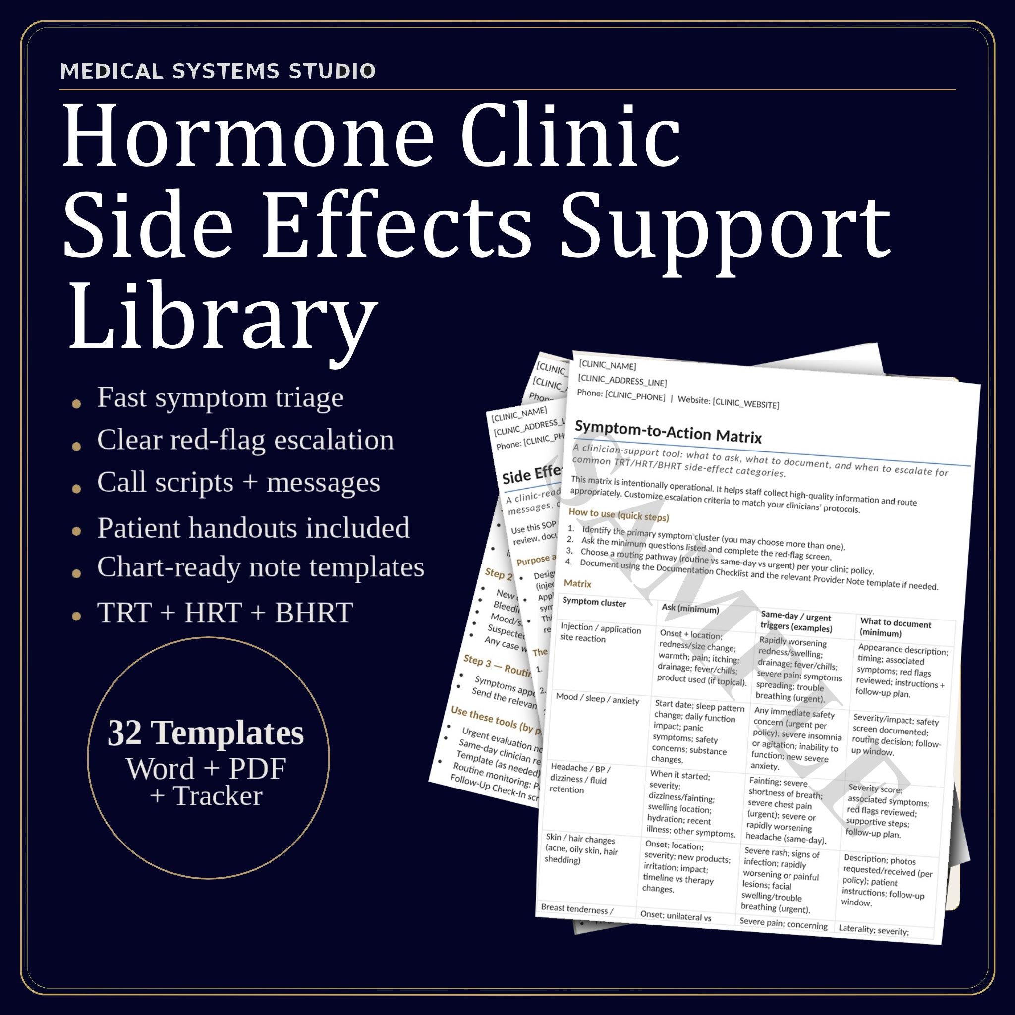 Hormone Clinic Side Effects Support Library | TRT HRT BHRT Workflow Guides (Digital Download)