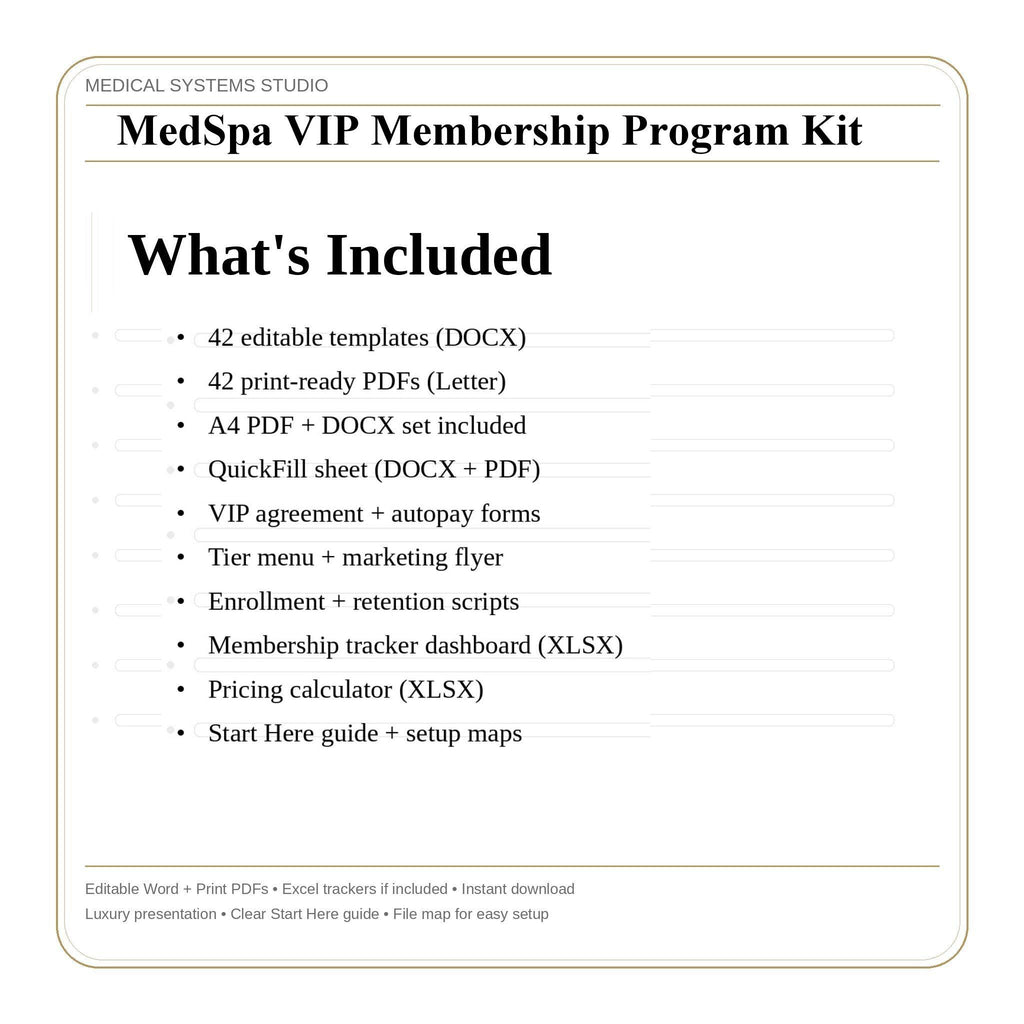 MedSpa VIP Membership Program Kit | Clinic SOP Templates (Word, PDF, xlsx)