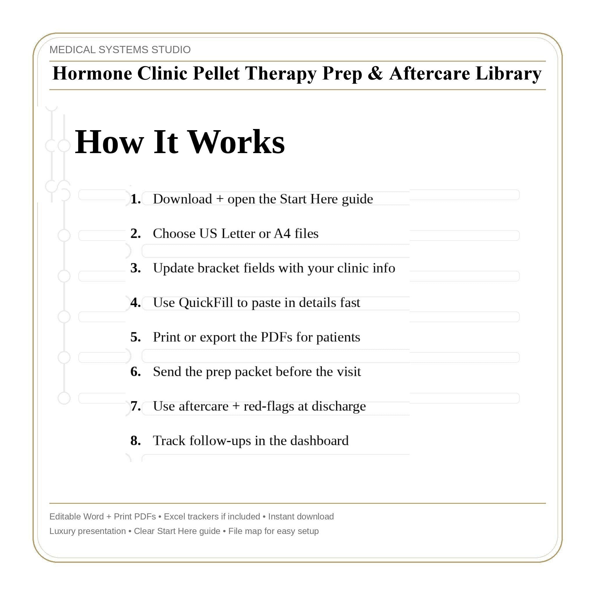 Hormone Clinic Pellet Therapy Prep & Aftercare Library | TRT/HRT/BHRT (Word/PDF/Tracker)