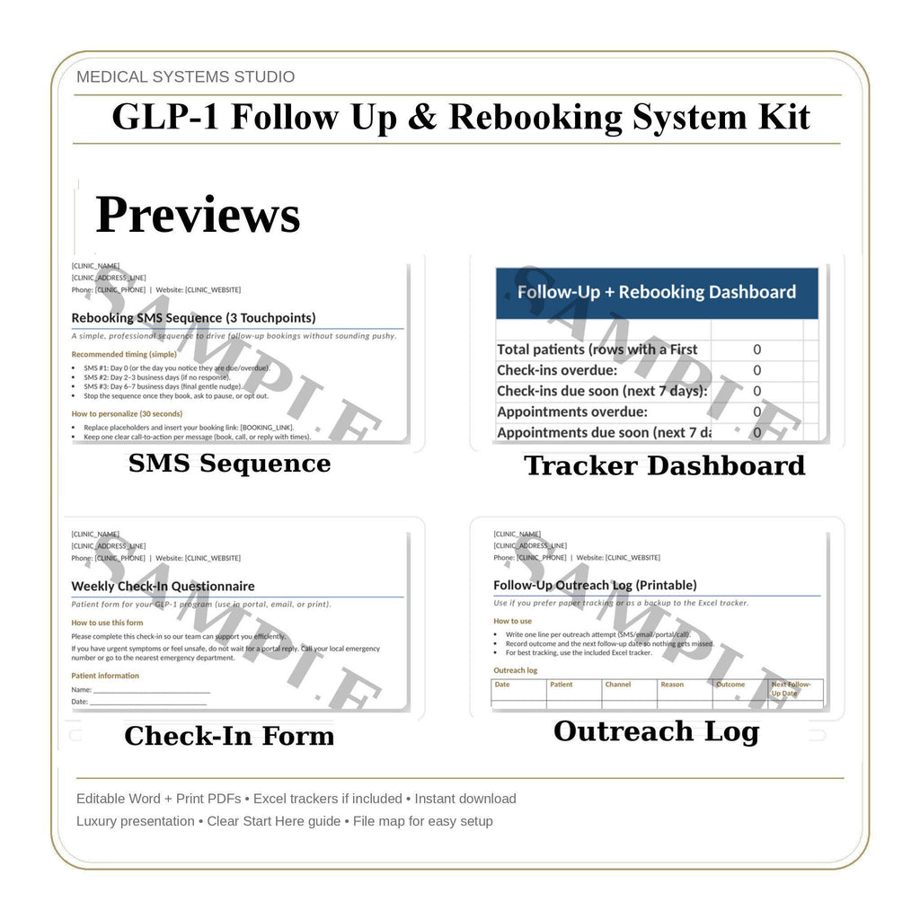 GLP-1 Follow-Up & Rebooking System Kit | Recall Cadence, No-Show Recovery, SMS/Email Scripts, Tracker