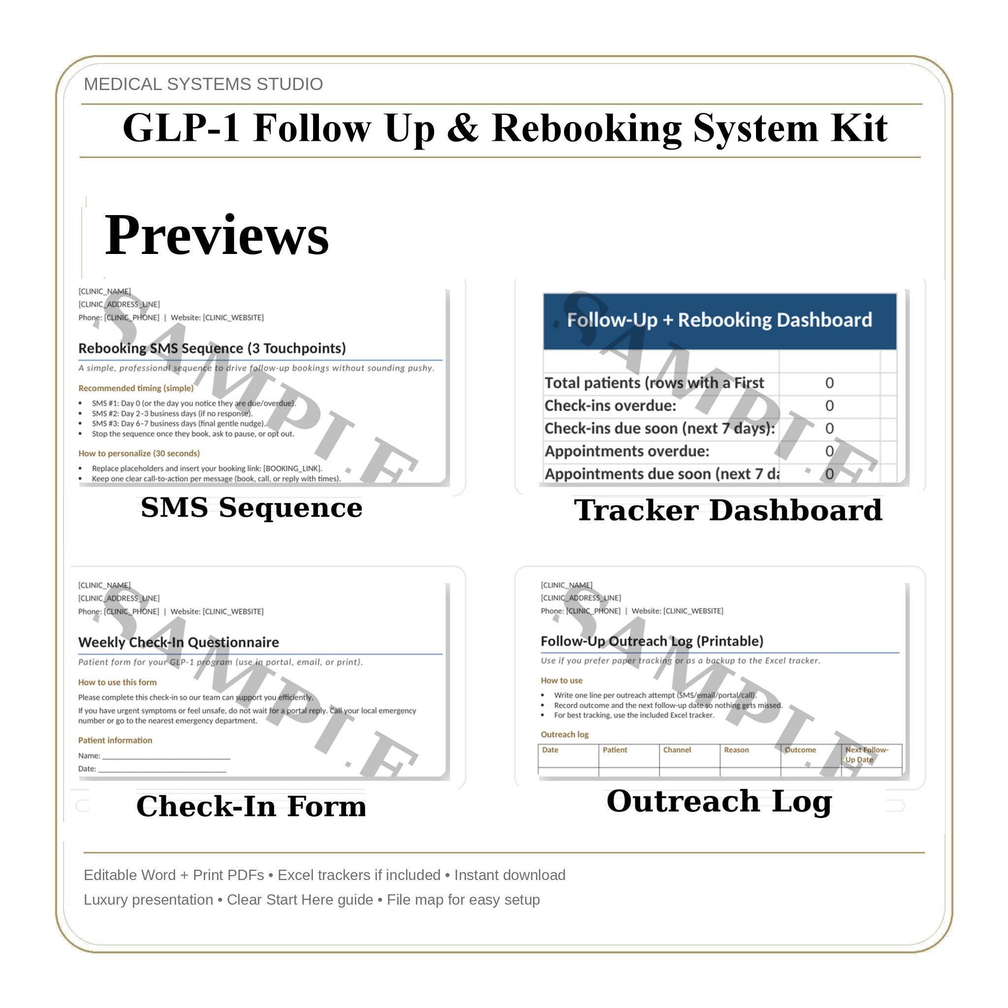 GLP-1 Follow-Up & Rebooking System Kit | Recall Cadence, No-Show Recovery, SMS/Email Scripts, Tracker