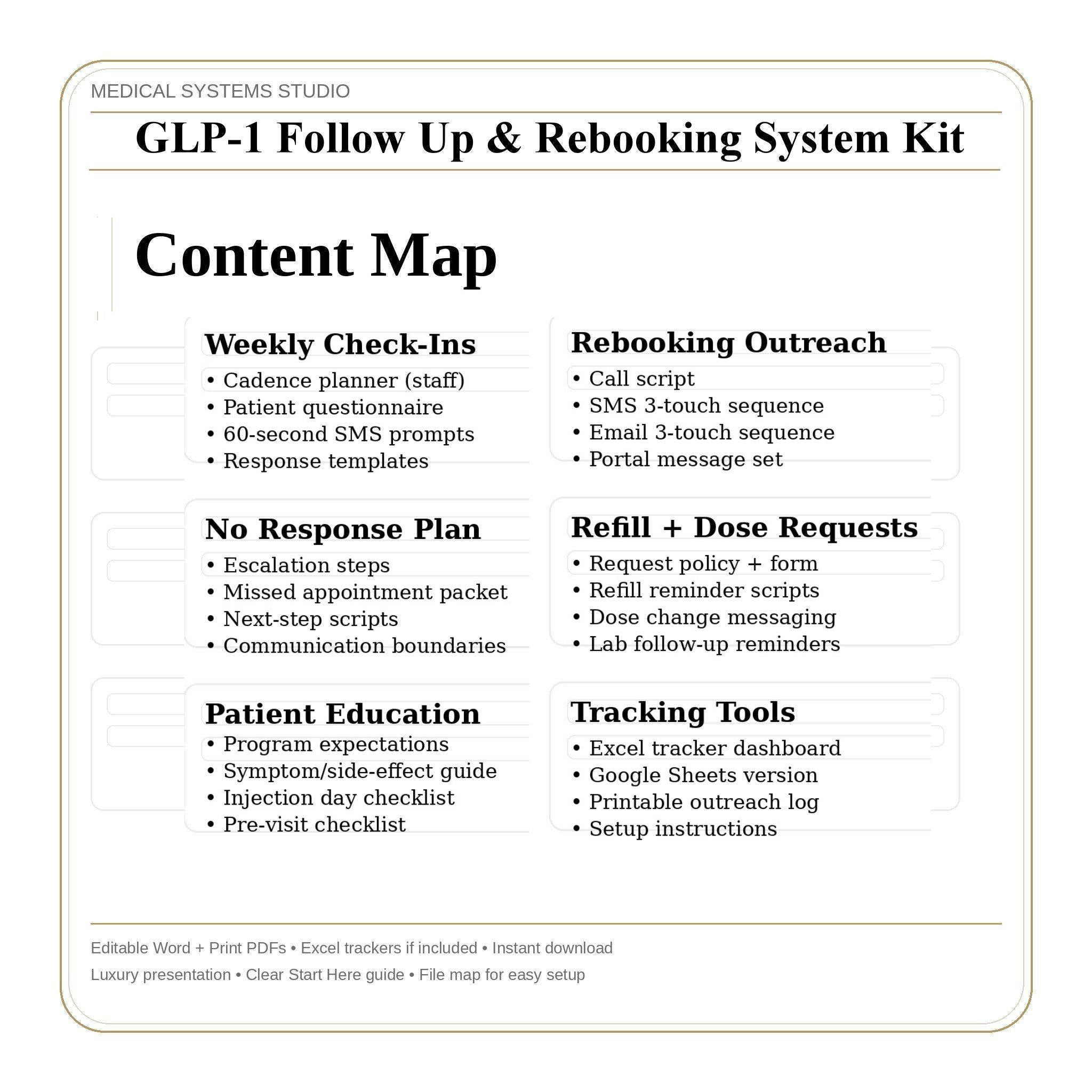 GLP-1 Follow-Up & Rebooking System Kit | Recall Cadence, No-Show Recovery, SMS/Email Scripts, Tracker