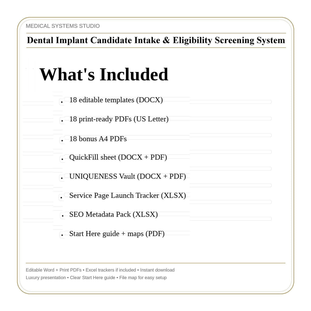 Dental Implant Intake System | Patient Screening, Eligibility, & Tracker (PDF, DOCX, XLSX