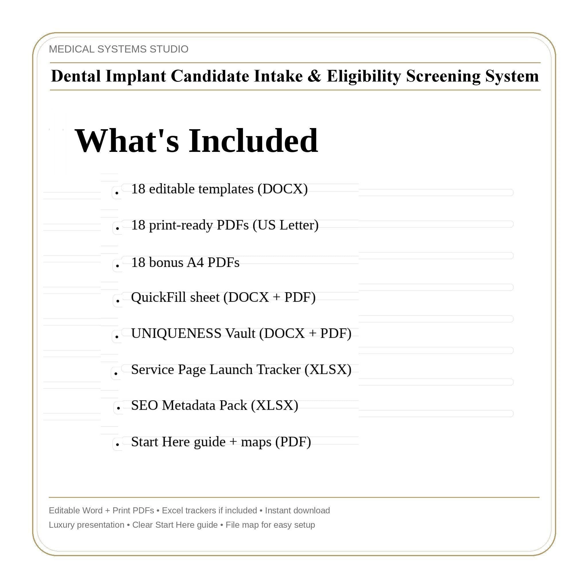 Dental Implant Intake System | Patient Screening, Eligibility, & Tracker (PDF, DOCX, XLSX