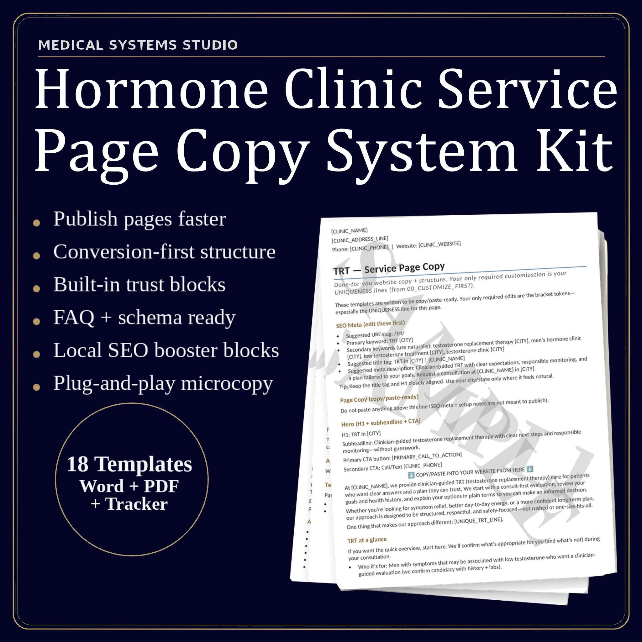 Hormone Clinic Service Page Copy System | TRT HRT BHRT | 10 Seo Templates (Digital Download)