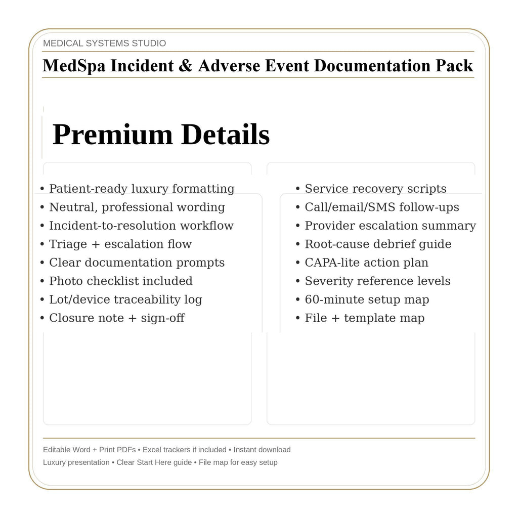 MedSpa Incident Documentation Pack | Report Forms, Follow-Up Scripts (Word/PDF/Excel)