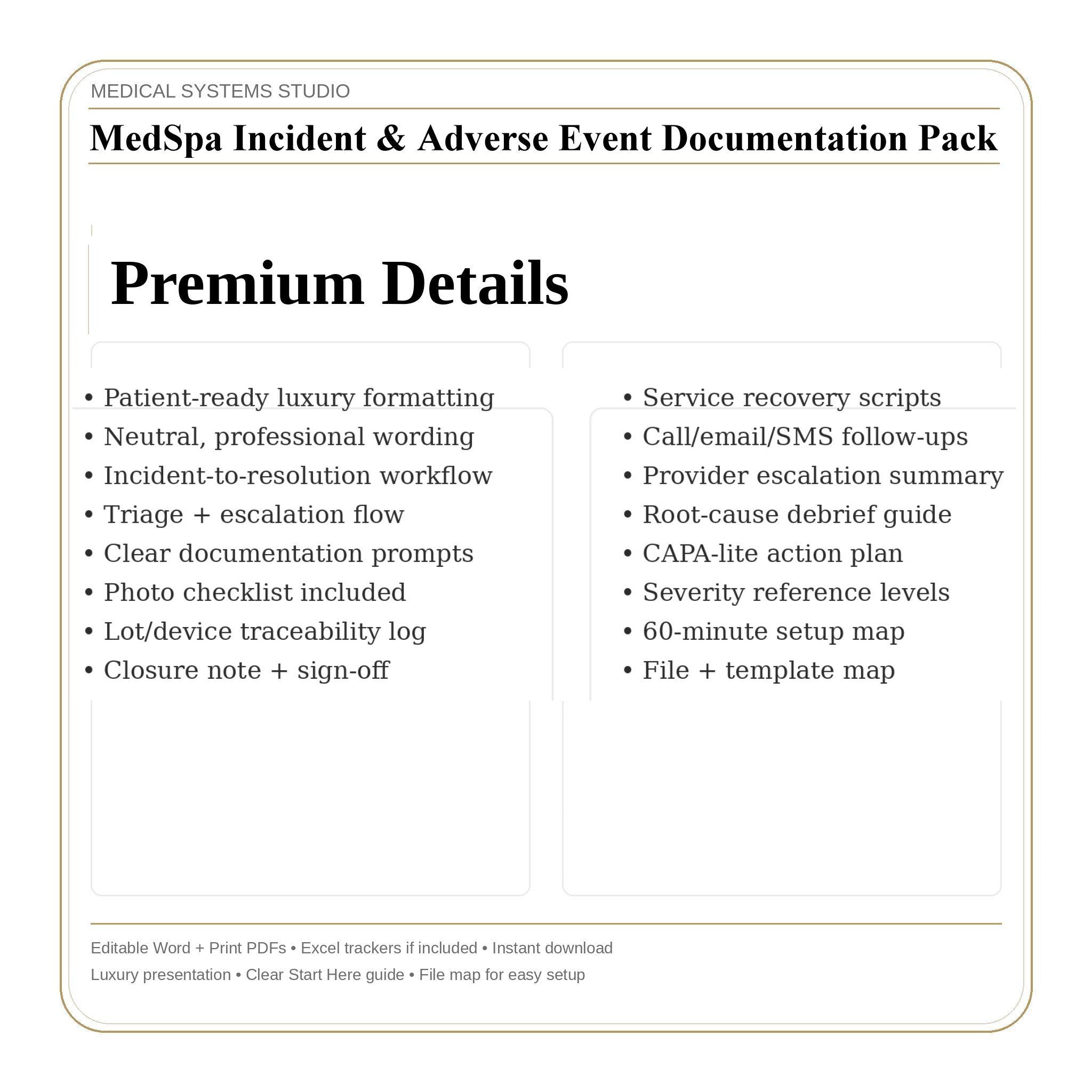 MedSpa Incident Documentation Pack | Report Forms, Follow-Up Scripts (Word/PDF/Excel)