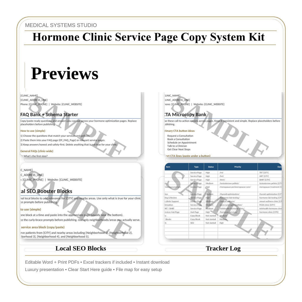 Hormone Clinic Service Page Copy System | TRT HRT BHRT | 10 Seo Templates (Digital Download)