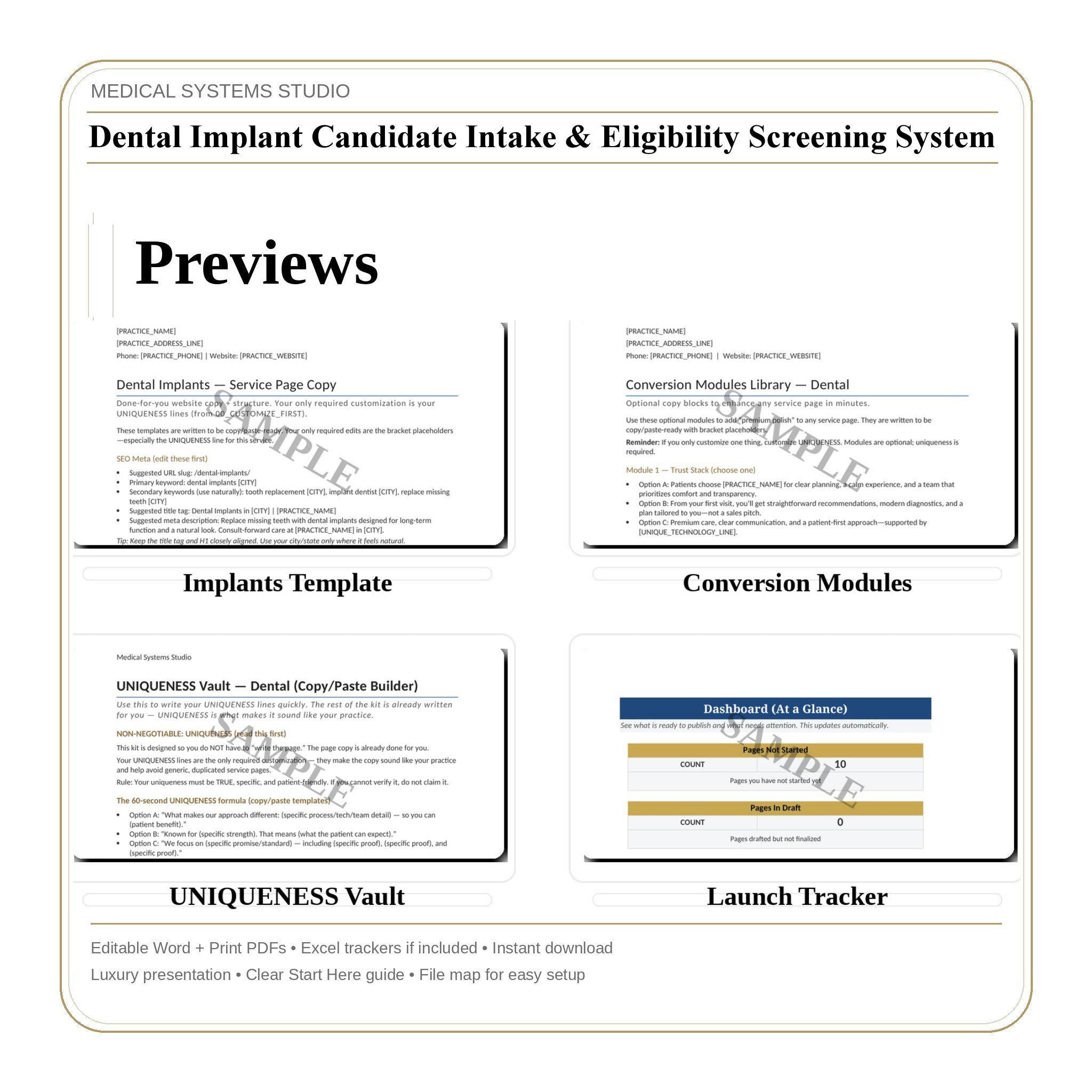 Dental Implant Intake System | Patient Screening, Eligibility, & Tracker (PDF, DOCX, XLSX