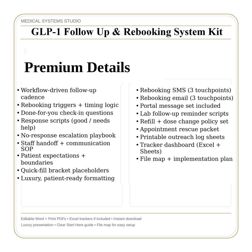 GLP-1 Follow-Up & Rebooking System Kit | Recall Cadence, No-Show Recovery, SMS/Email Scripts, Tracker
