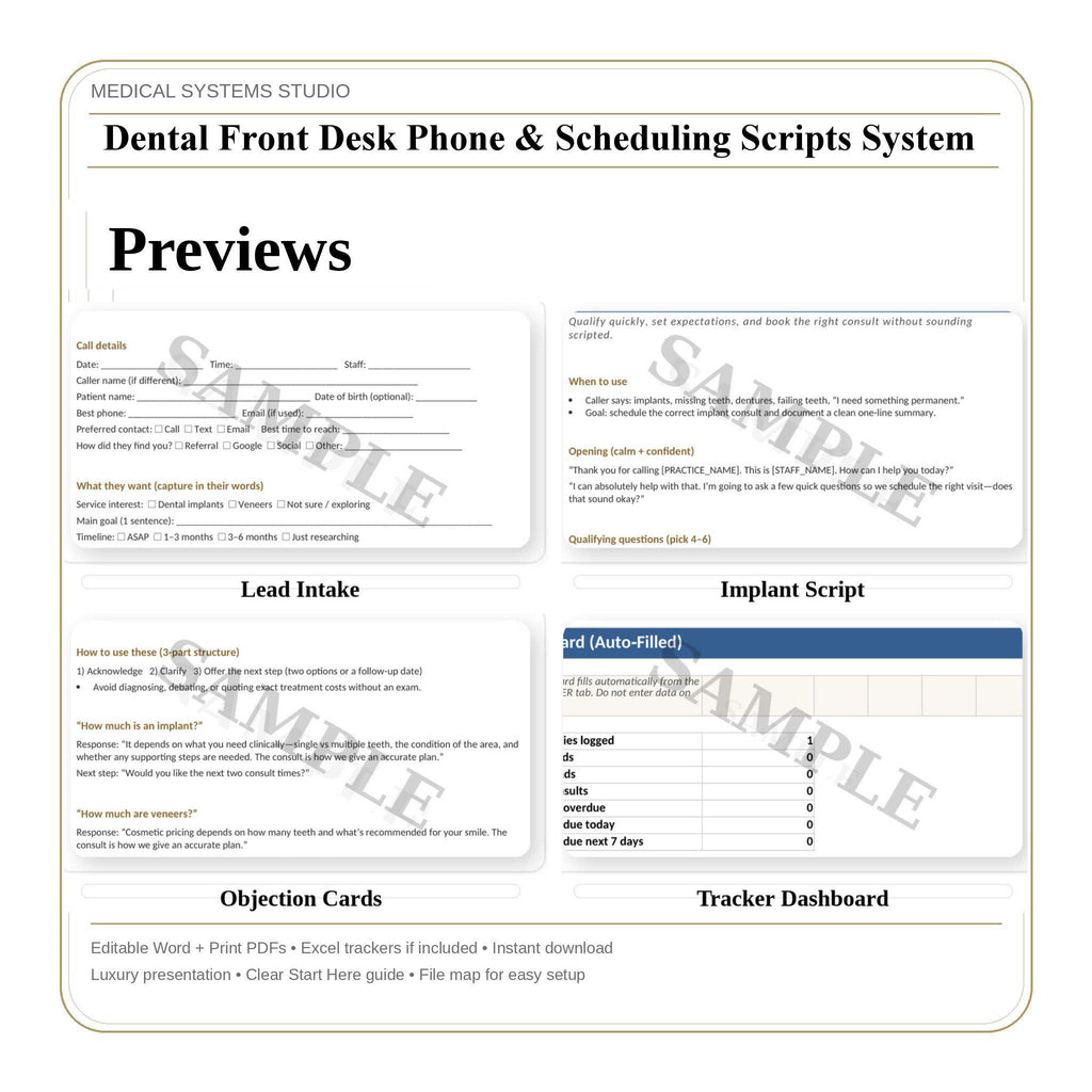 Dental Front Desk Phone Script System | Implant & Veneer Scheduling (Digital Download)
