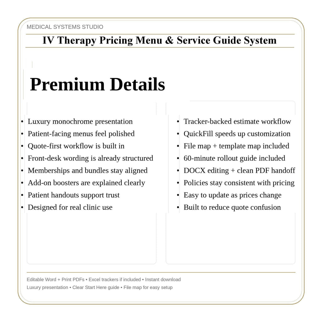IV Therapy Pricing Menu & Service Guide System | Hydration Clinic Quote Calculator, Pricing (Digital Download)