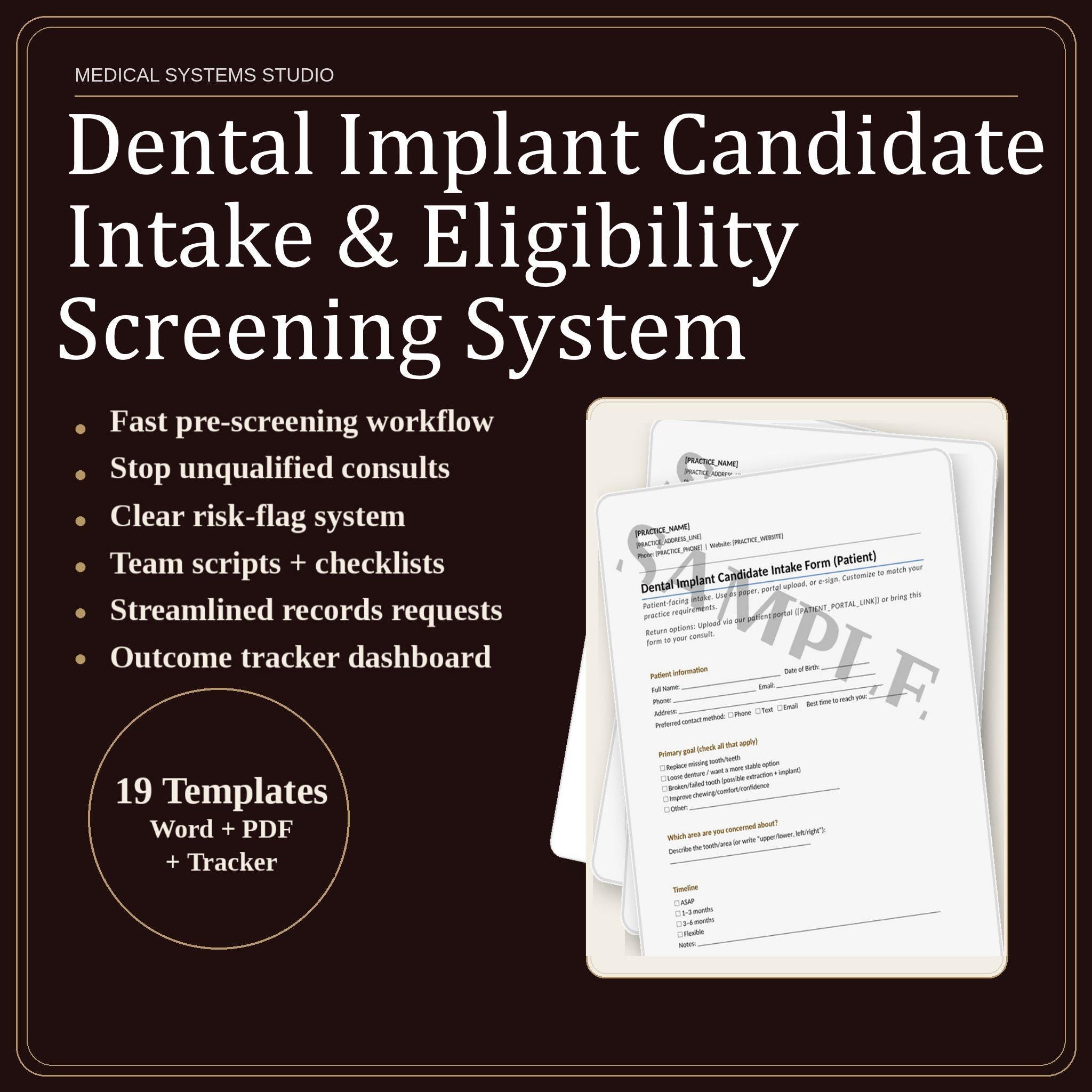 Dental Implant Intake System | Patient Screening, Eligibility, & Tracker (PDF, DOCX, XLSX