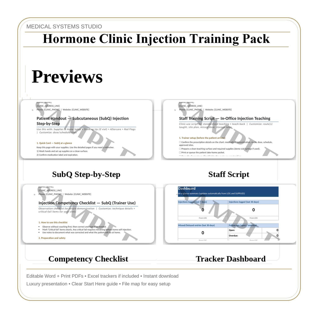 Hormone Clinic Injection Training Pack | TRT/HRT/BHRT | SOP, Competency, Storage/Supplies (Digital Download)
