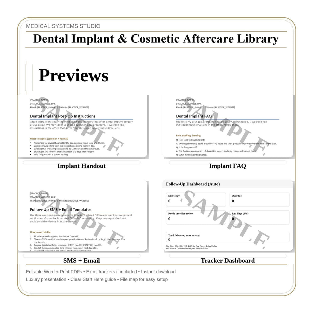 Dental Implant & Cosmetic Aftercare | Post Op Instruction Sheets (Print Packets)