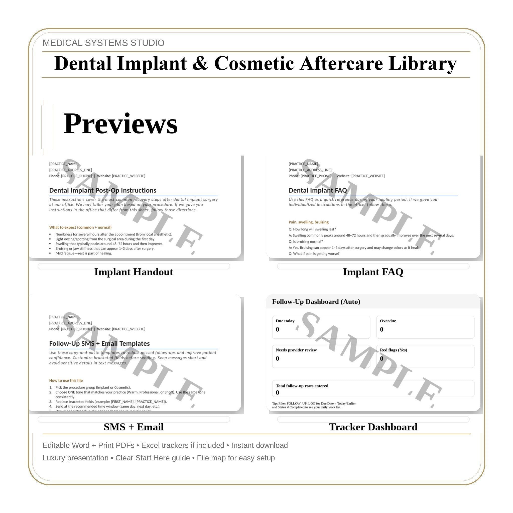 Dental Implant & Cosmetic Aftercare | Post Op Instruction Sheets (Print Packets)