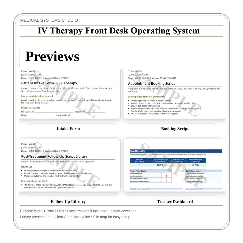 IV Therapy Front Desk Operating System | Clinic SOP Playbook, Intake, Scripts (Word/PDF/Tracker)