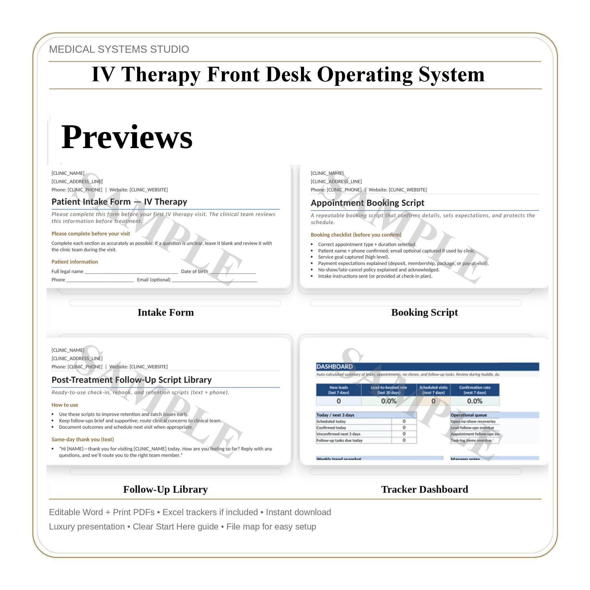 IV Therapy Front Desk Operating System | Clinic SOP Playbook, Intake, Scripts (Word/PDF/Tracker)