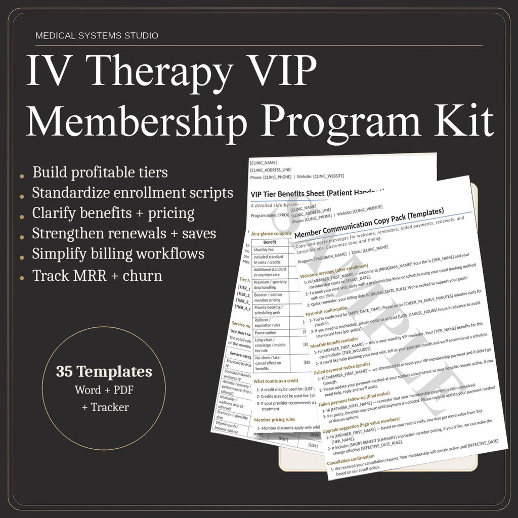 IV Therapy VIP Membership Program Kit | Tiered Subscription, Terms, Enrollment, Pricing (Word/PDF/Excel)