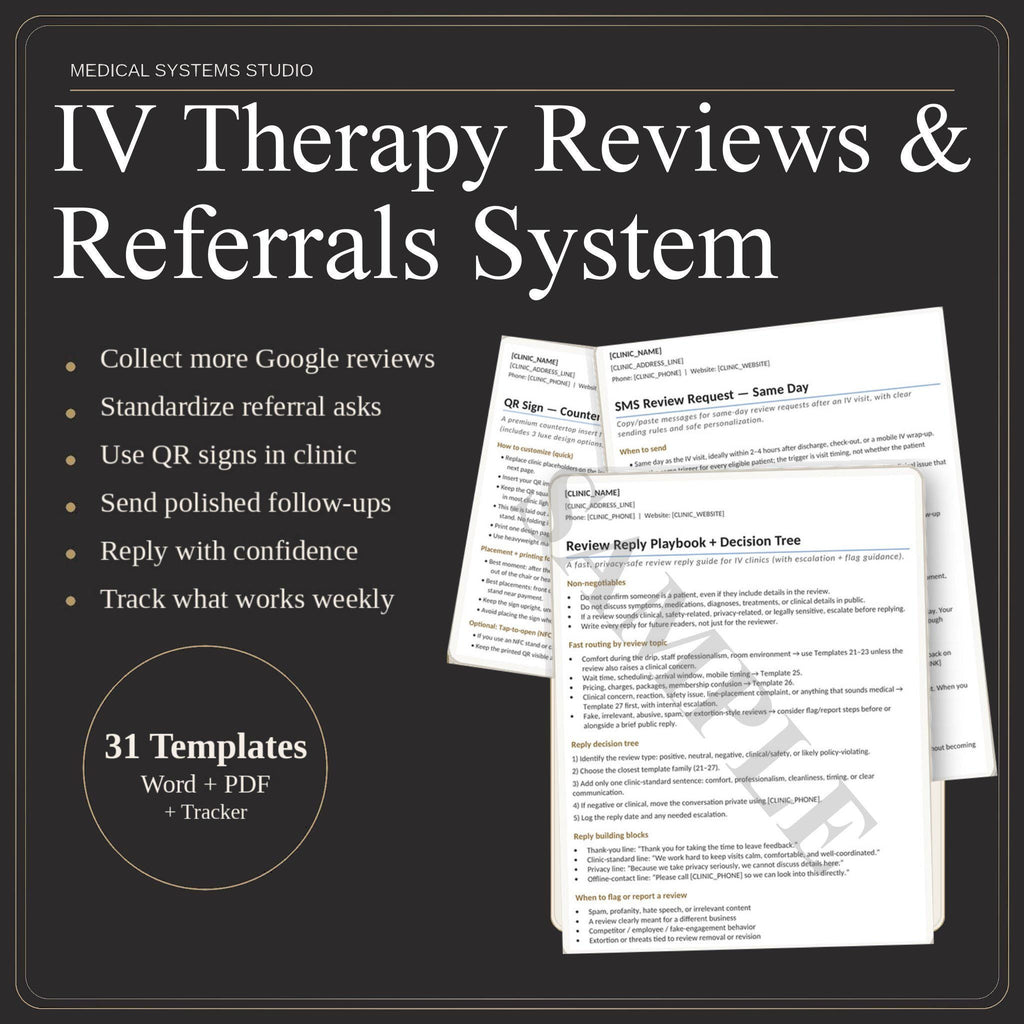 IV Therapy Reviews & Referrals System | Google Review QR Signs + SMS/Email Scripts (Digital Download)