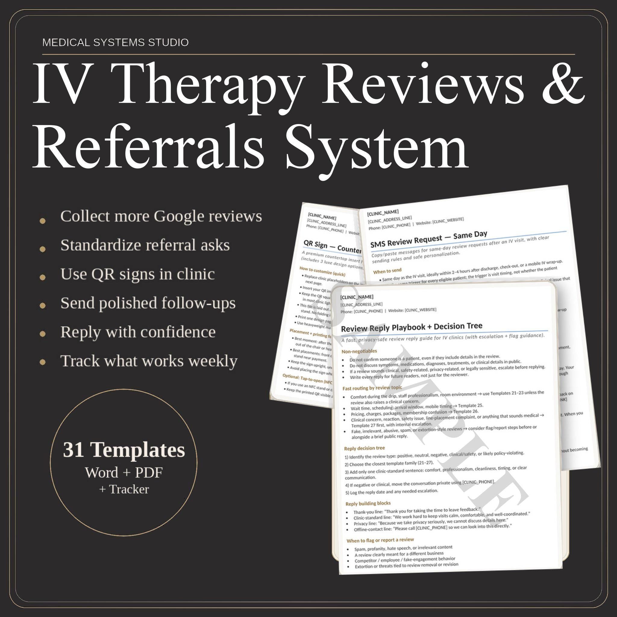 IV Therapy Reviews & Referrals System | Google Review QR Signs + SMS/Email Scripts (Digital Download)