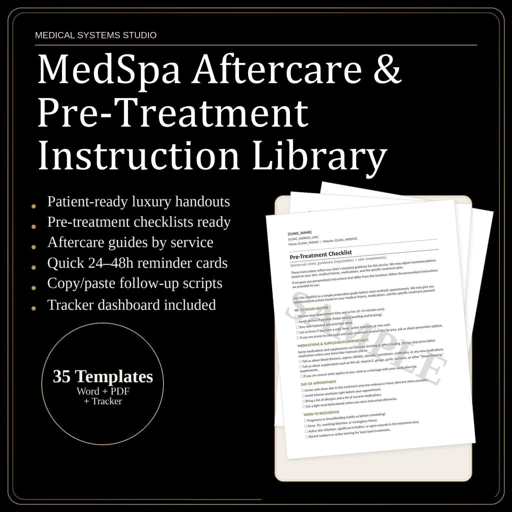 MedSpa Aftercare and Pre-Treatment Instructions | Patient Handouts & Quick Cards (Word/PDF)