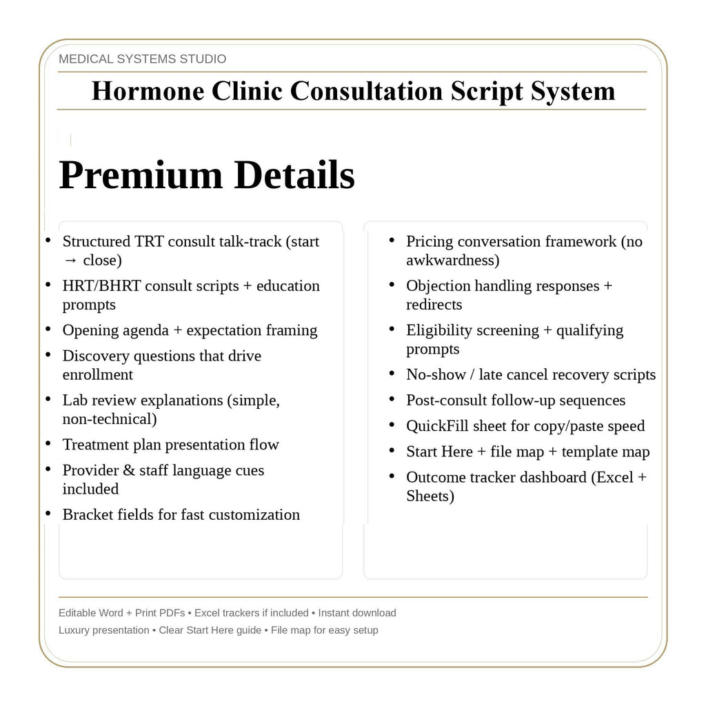 Hormone Clinic Consultation Script System | TRT HRT BHRT | Booking, Lab, Objection, Pricing, Follow-Up Tracker