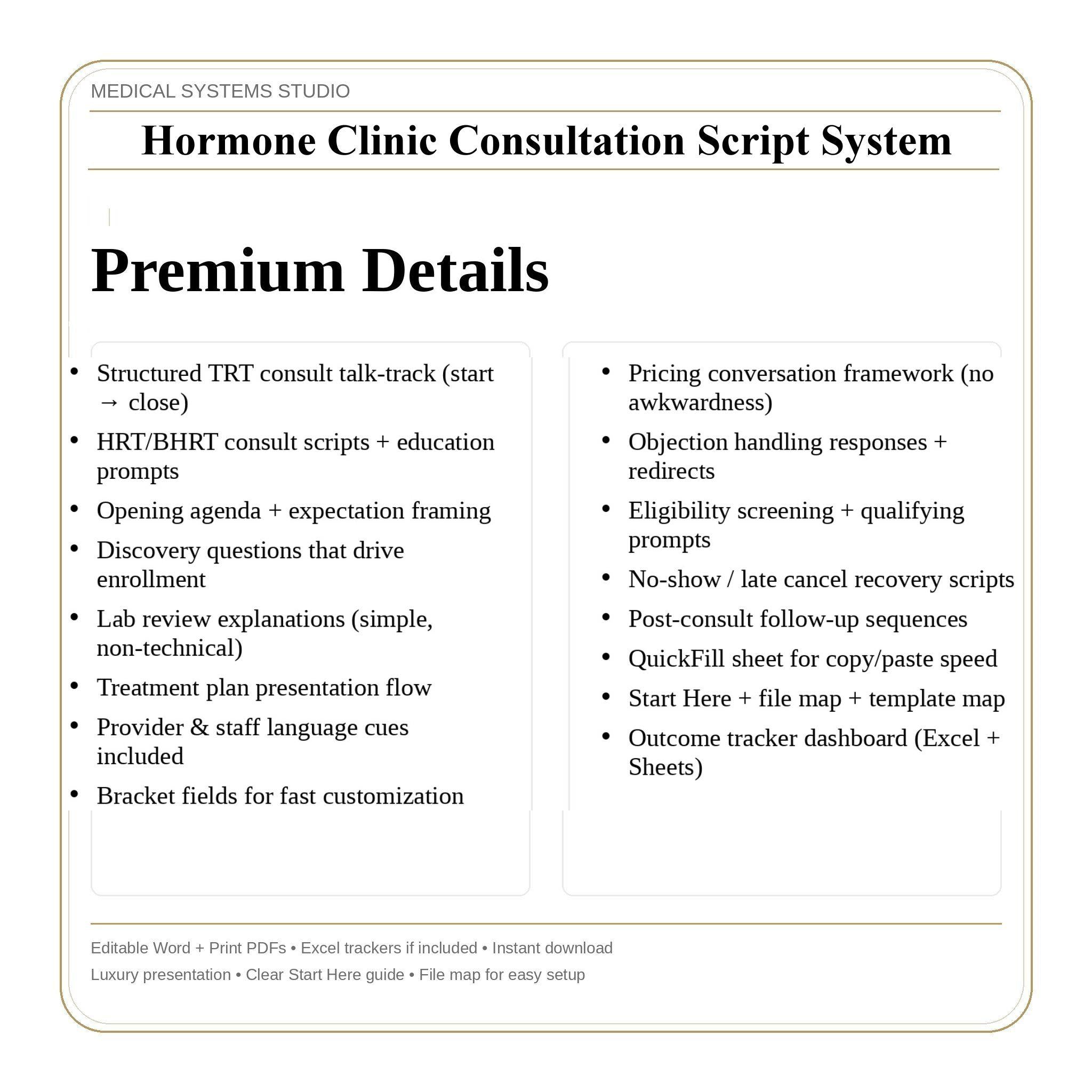 Hormone Clinic Consultation Script System | TRT HRT BHRT | Booking, Lab, Objection, Pricing, Follow-Up Tracker