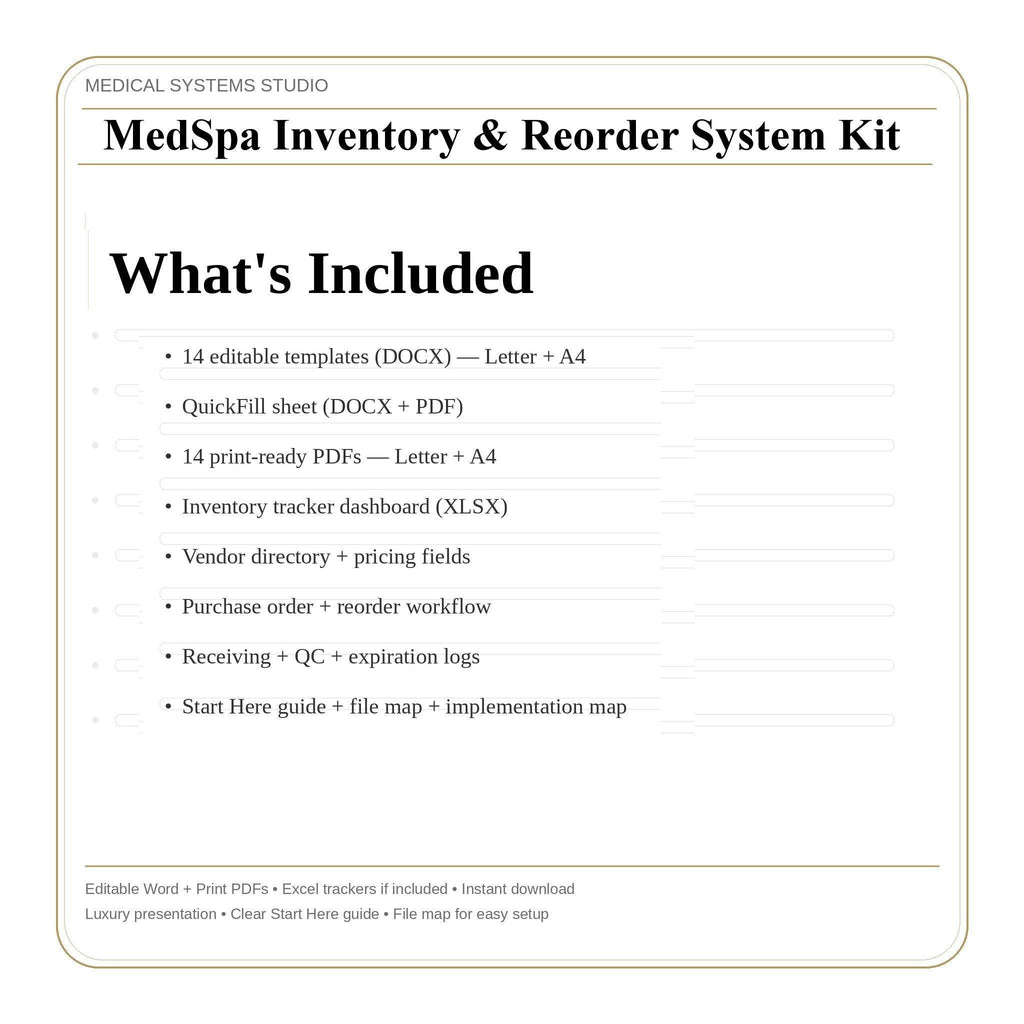 MedSpa Inventory System | Excel Tracker, Reorder Calculator (Digital Download)