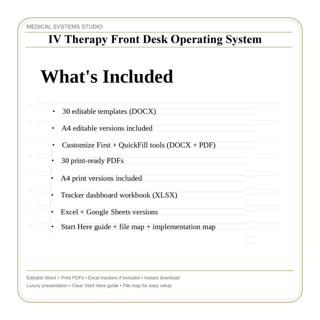 IV Therapy Front Desk Operating System | Clinic SOP Playbook, Intake, Scripts (Word/PDF/Tracker)