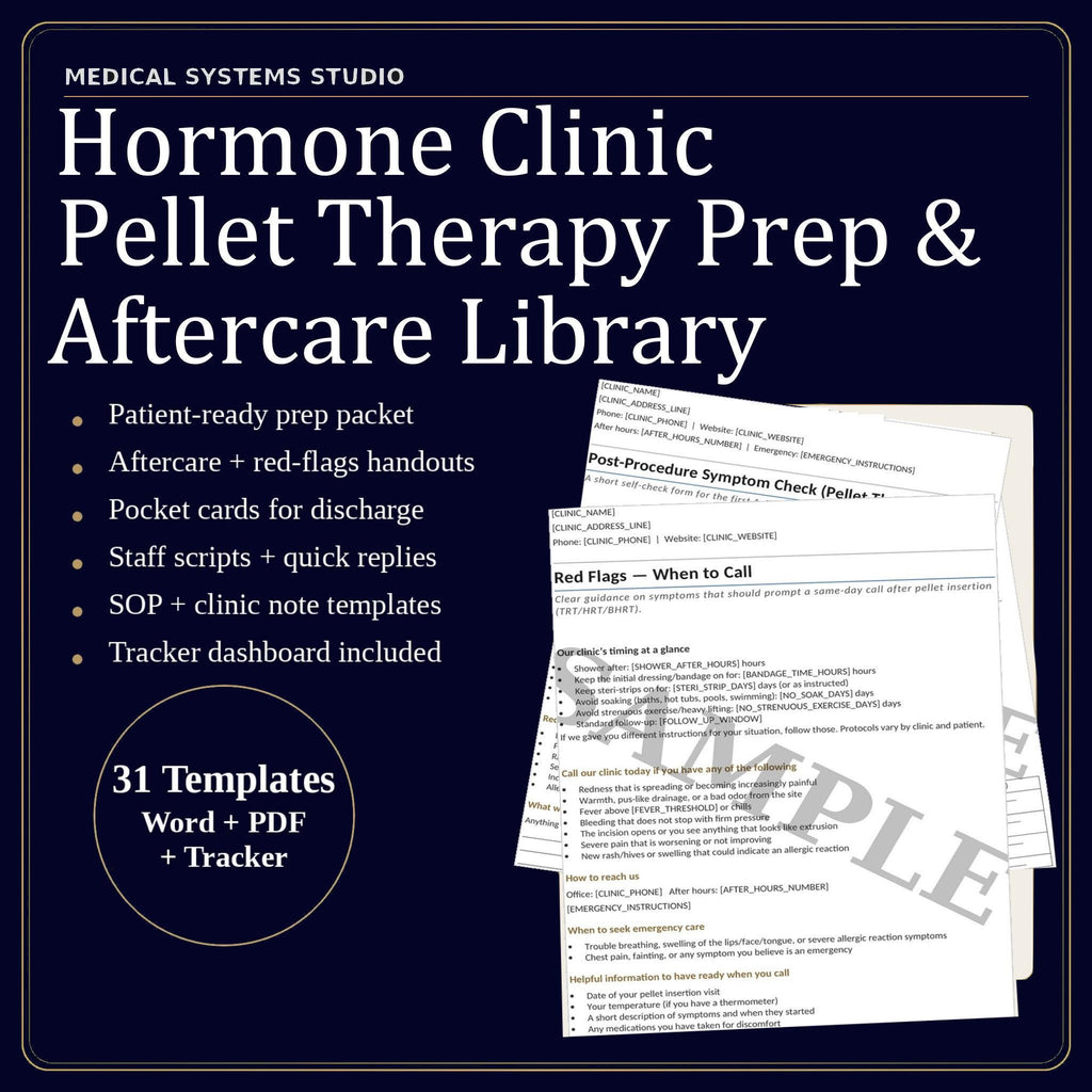 Hormone Clinic Pellet Therapy Prep & Aftercare Library | TRT/HRT/BHRT (Word/PDF/Tracker)