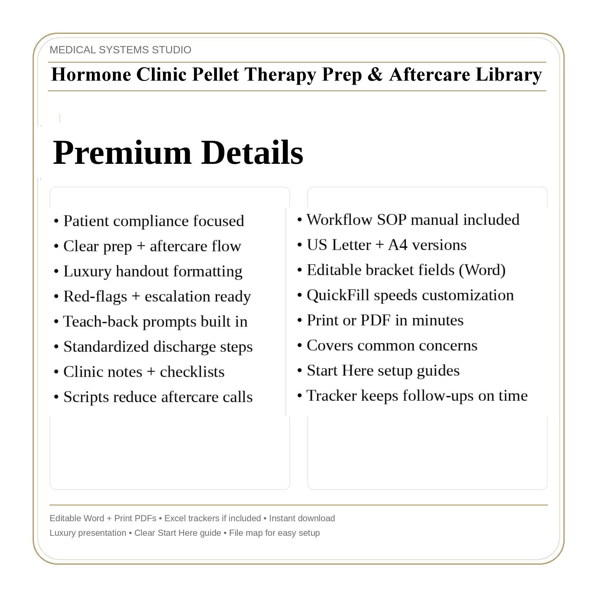 Hormone Clinic Pellet Therapy Prep & Aftercare Library | TRT/HRT/BHRT (Word/PDF/Tracker)