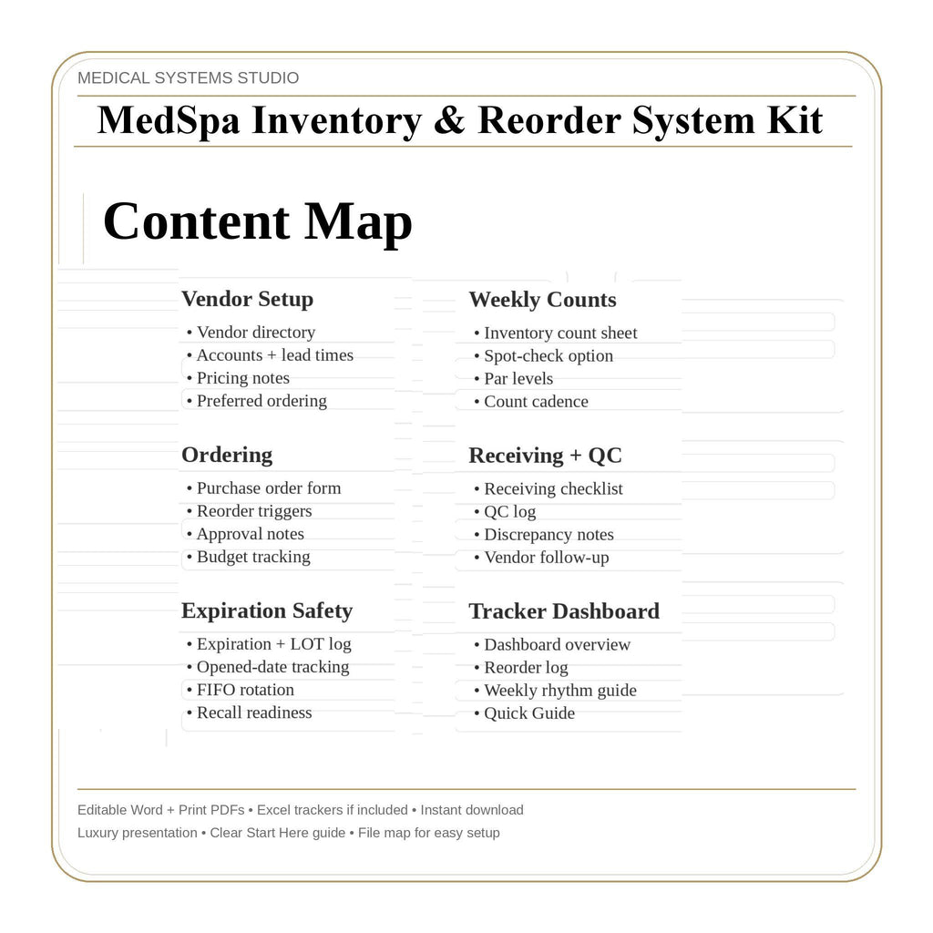 MedSpa Inventory System | Excel Tracker, Reorder Calculator (Digital Download)