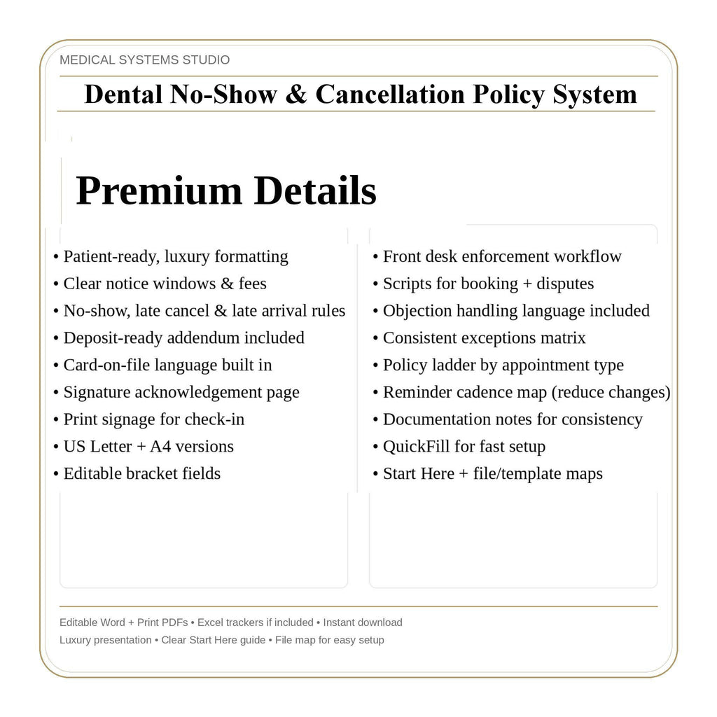 Dental No-Show Policy System | Clinic Forms, Front Desk Scripts (PDF, DOCX, XLSX)