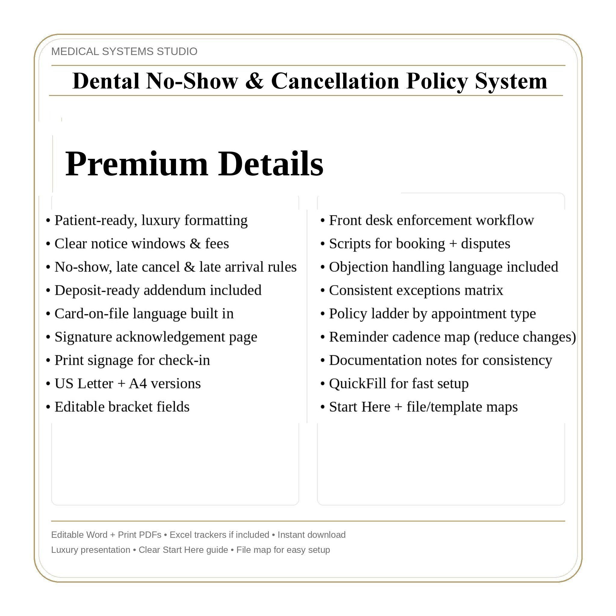 Dental No-Show Policy System | Clinic Forms, Front Desk Scripts (PDF, DOCX, XLSX)