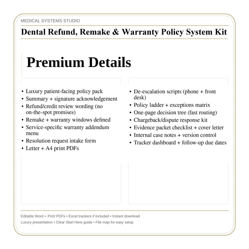 Dental Refund Policy System, Remake Warranty, Chargeback Scripts Word/PDF/Tracker (Digital Download)