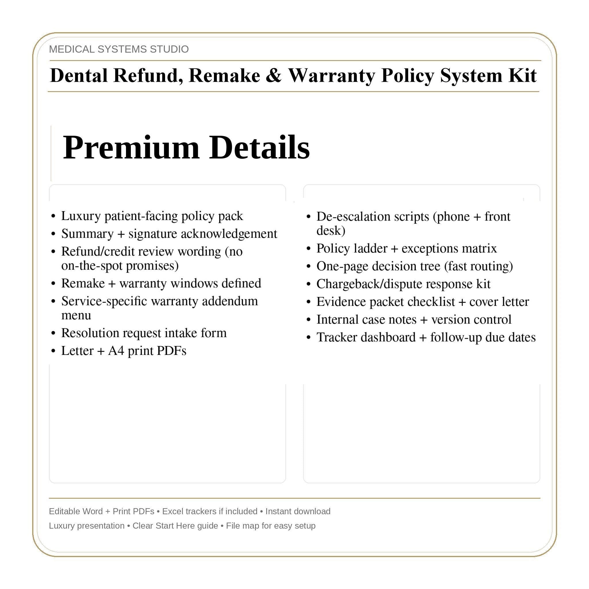 Dental Refund Policy System, Remake Warranty, Chargeback Scripts Word/PDF/Tracker (Digital Download)