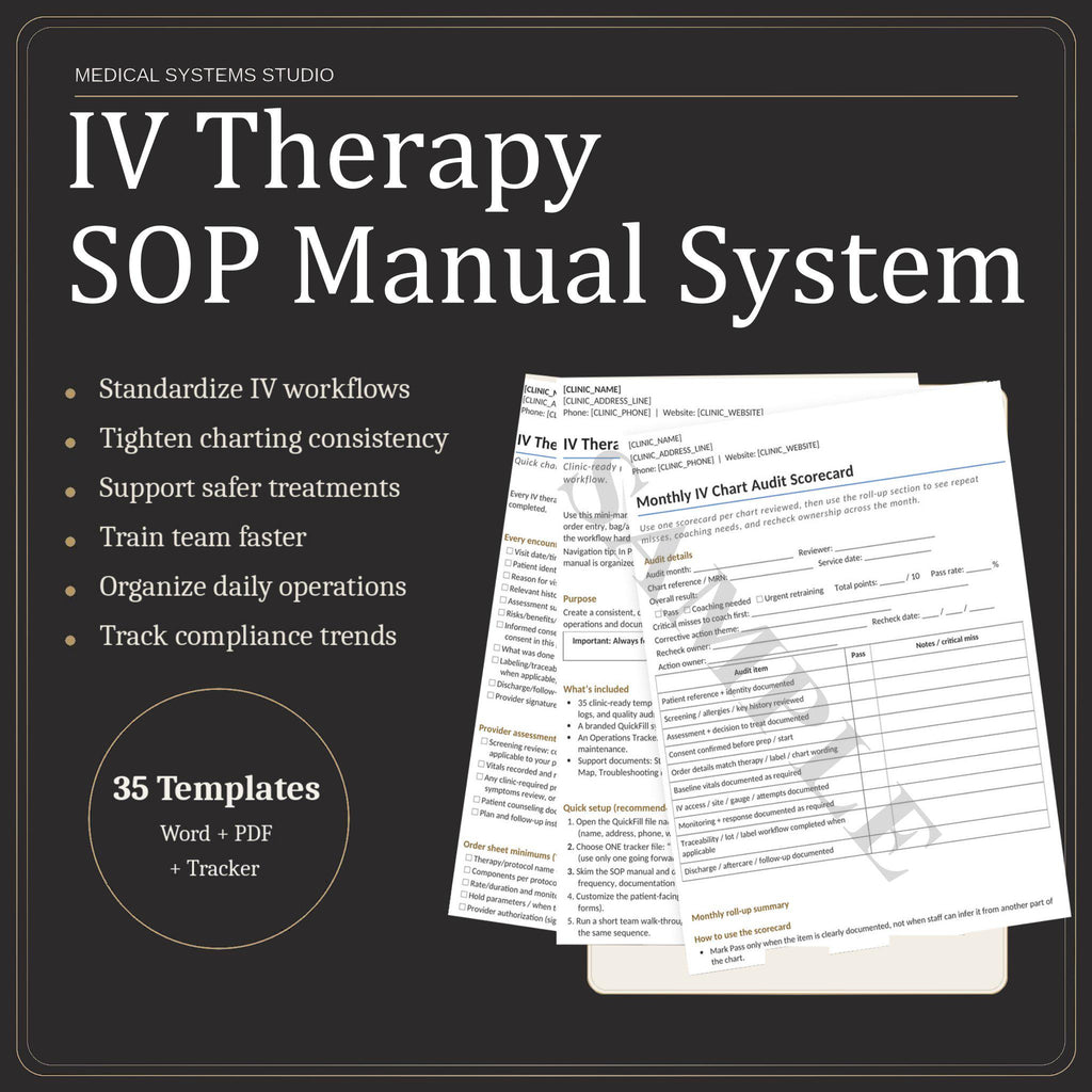 IV Therapy SOP Manual System | Clinic Procedures, Forms Word/PDF/Tracker (Digital Download)