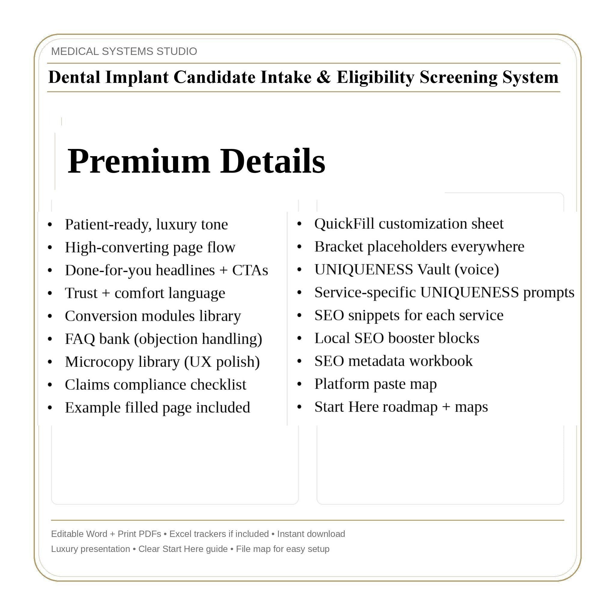 Dental Implant Intake System | Patient Screening, Eligibility, & Tracker (PDF, DOCX, XLSX